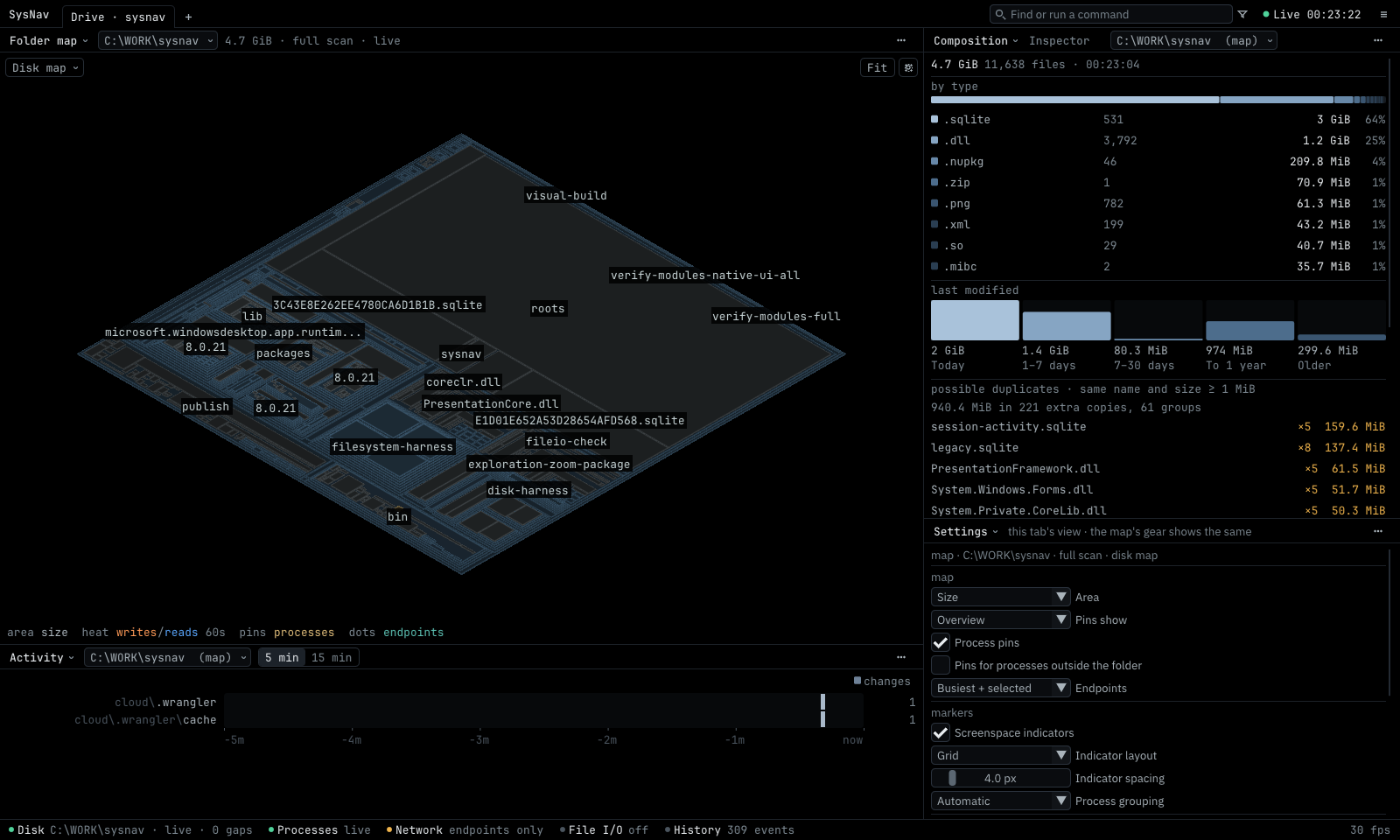 SysCap showing a drive as a 3D map, with what fills it and what changed recently